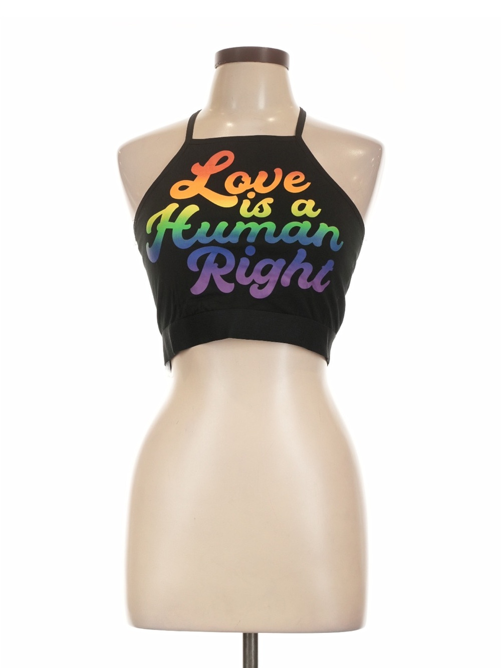 Black Crop Halter Top with Rainbow "Love is a Human Right" Print